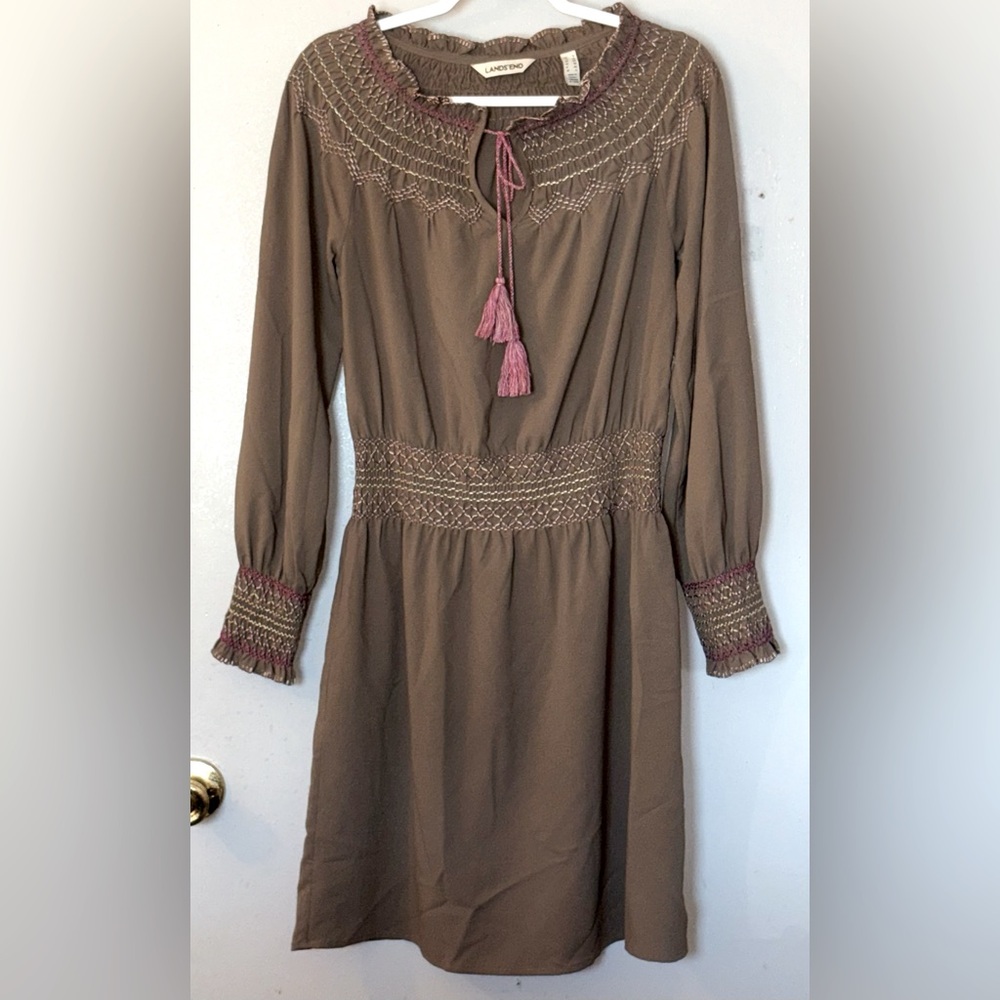 Lands' End Delicate Smocked Lightweight Flowing Crepe Khaki Blouson Dress 6
